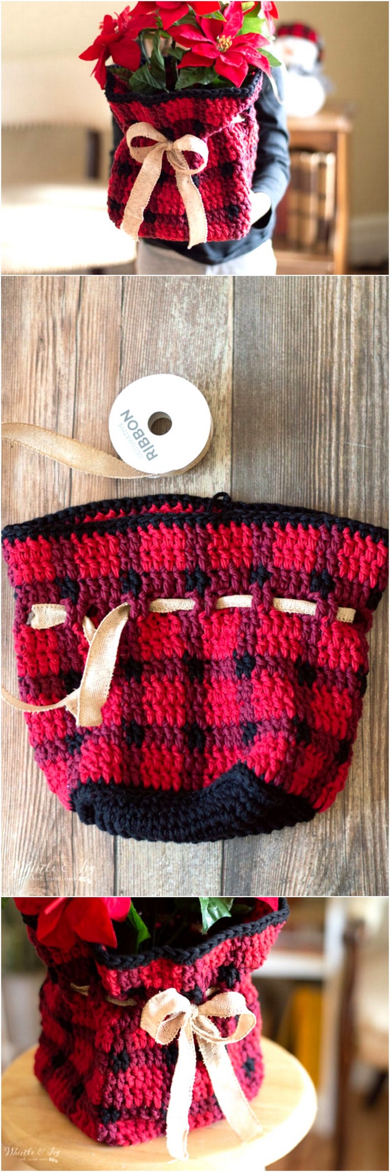 25 Plaid Crochet Plant Basket – Free Crochet Pattern 1