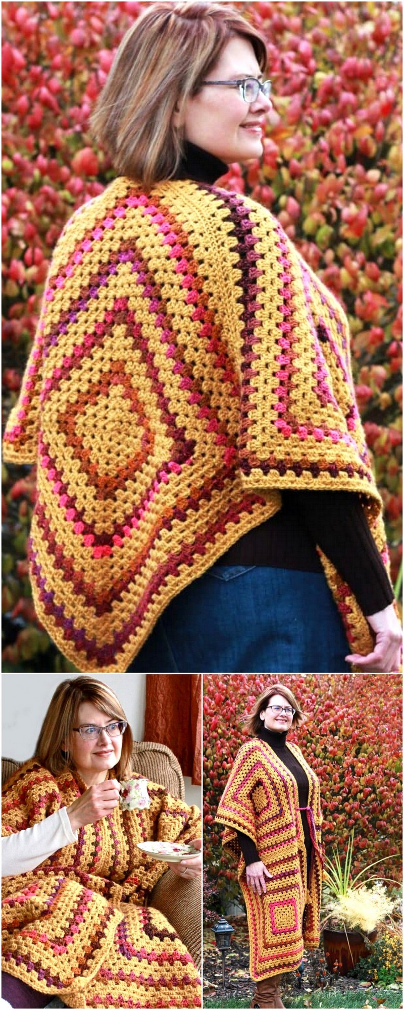 44 Easy Granny Square Crochet Ruana Wrap free pattern Sedona Ruana 1