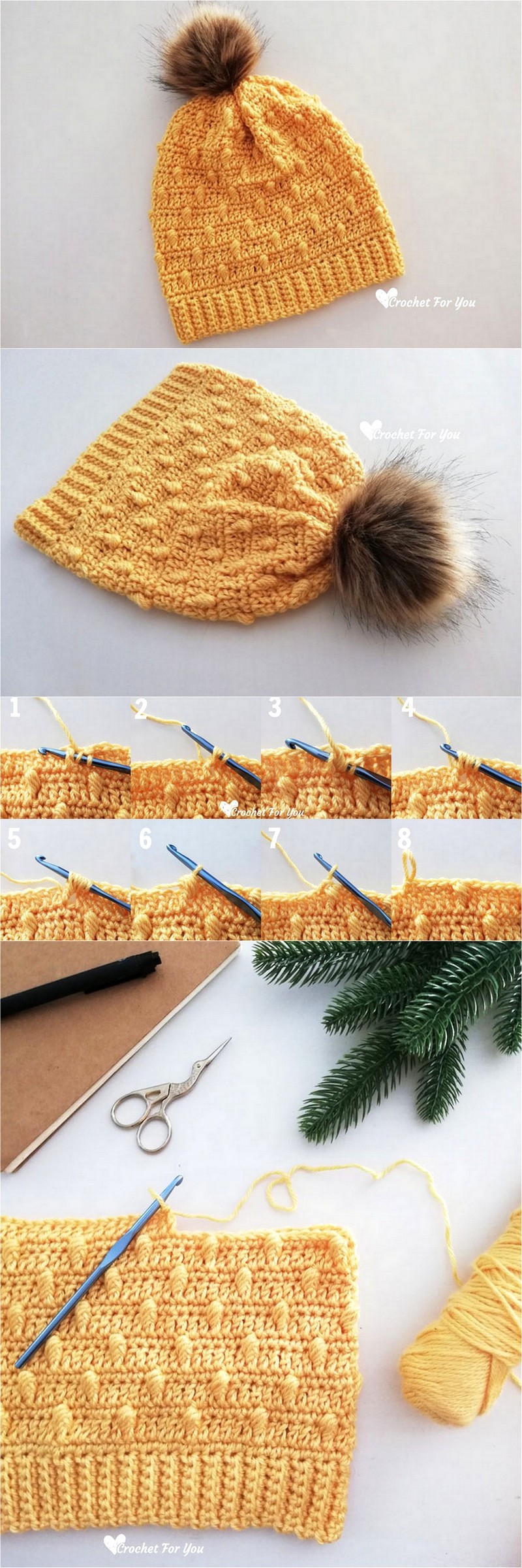 9 CROCHET BOBBLE DROPS POMPOM HAT FREE PATTERN 1